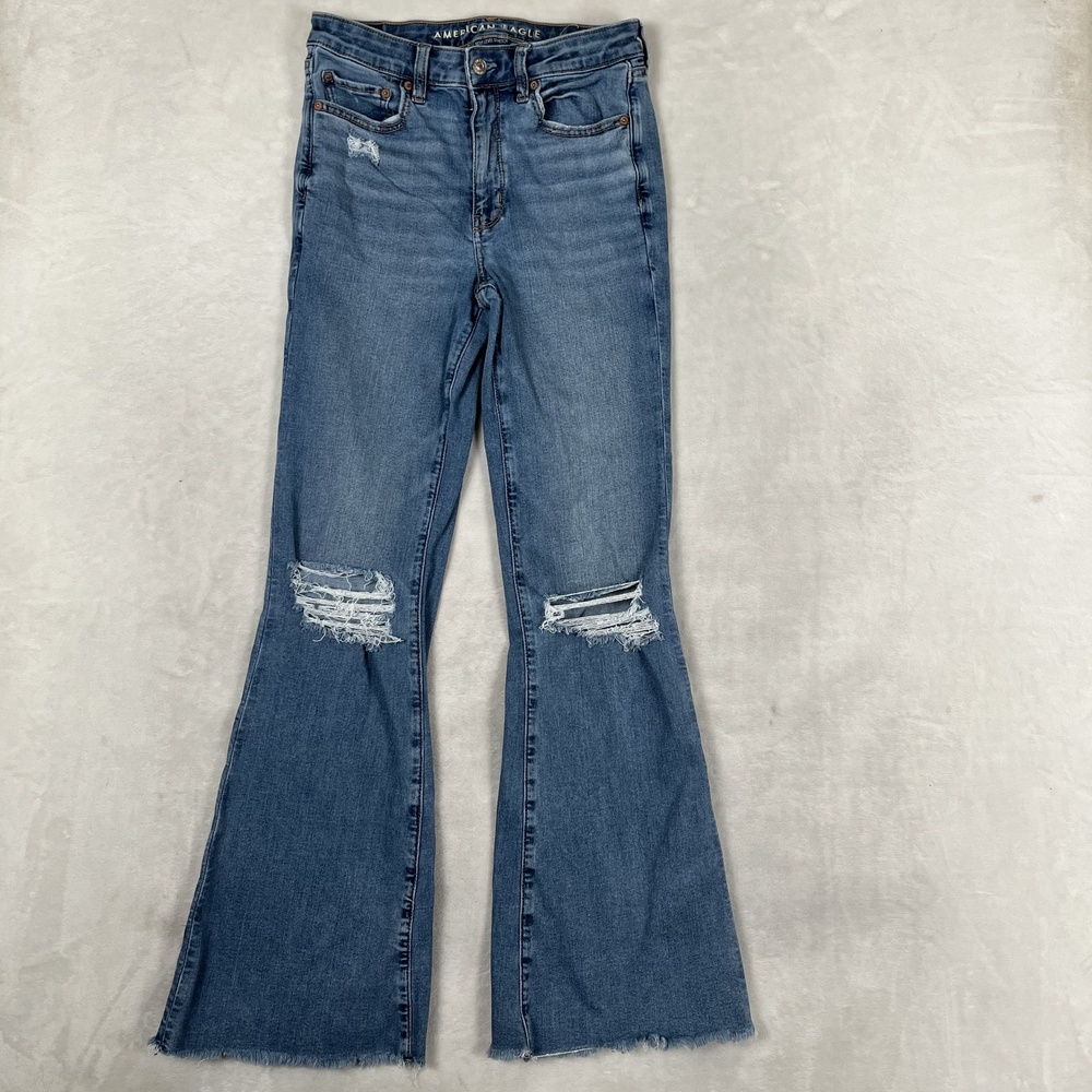 American Eagle Super High-Rise Flare Jeans Womens 6 Tall Blue Distressed Denim